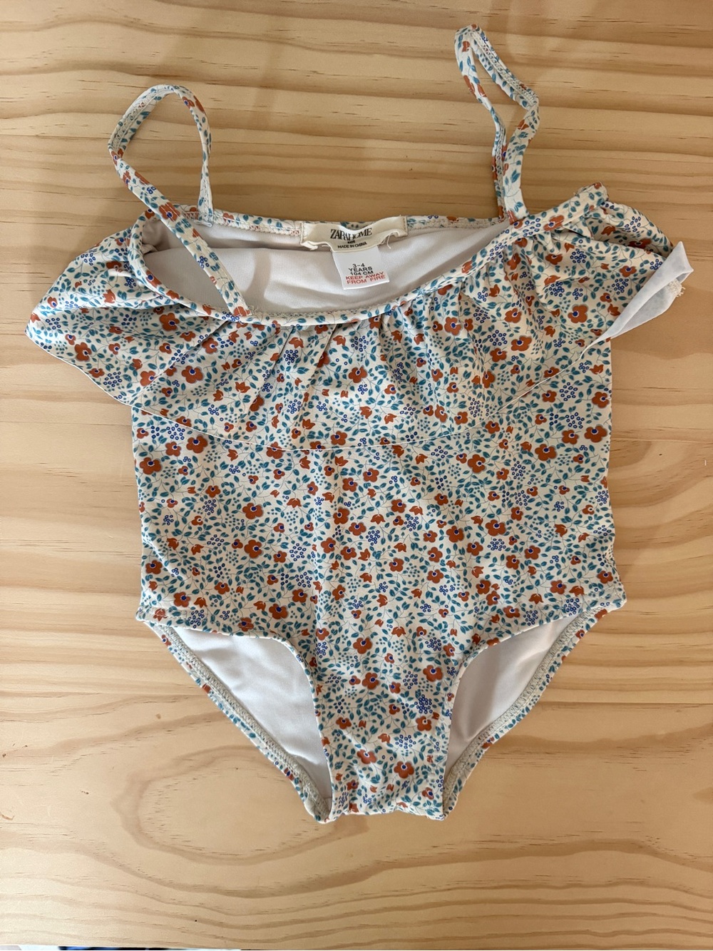 Zara Kids One-Piece Swimsuit - Cream with Orange & Blue Floral Print